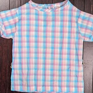 Vintage 80s 90 LAND N SEA Button Up Kids Shirt Pastel Plaid T-SHIRT Girls Size 5